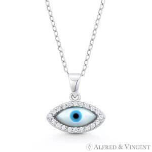 Evil Eye Luck Charm Mother-of-Pearl & CZ Crystal Pendant in .925 Sterling Silver